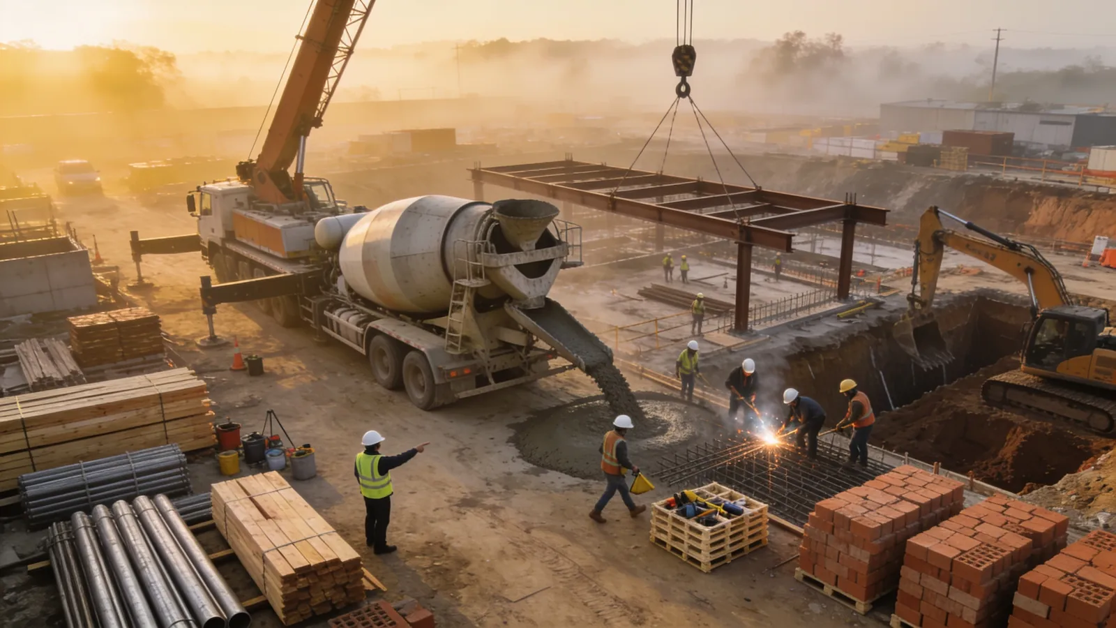 Aerial view of an active construction site at dawn with a crane, concrete trucks, workers and stacked materials, many activities happening at once in golden light