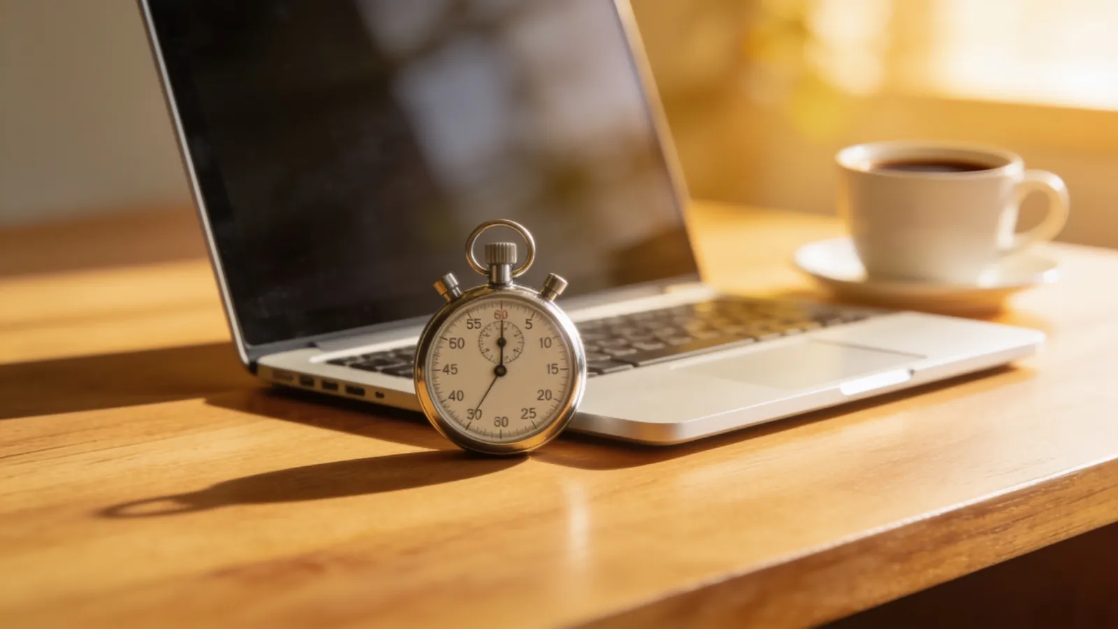 An analog stopwatch placed beside an open laptop and a cup of coffee on a tidy wooden desk in warm afternoon light