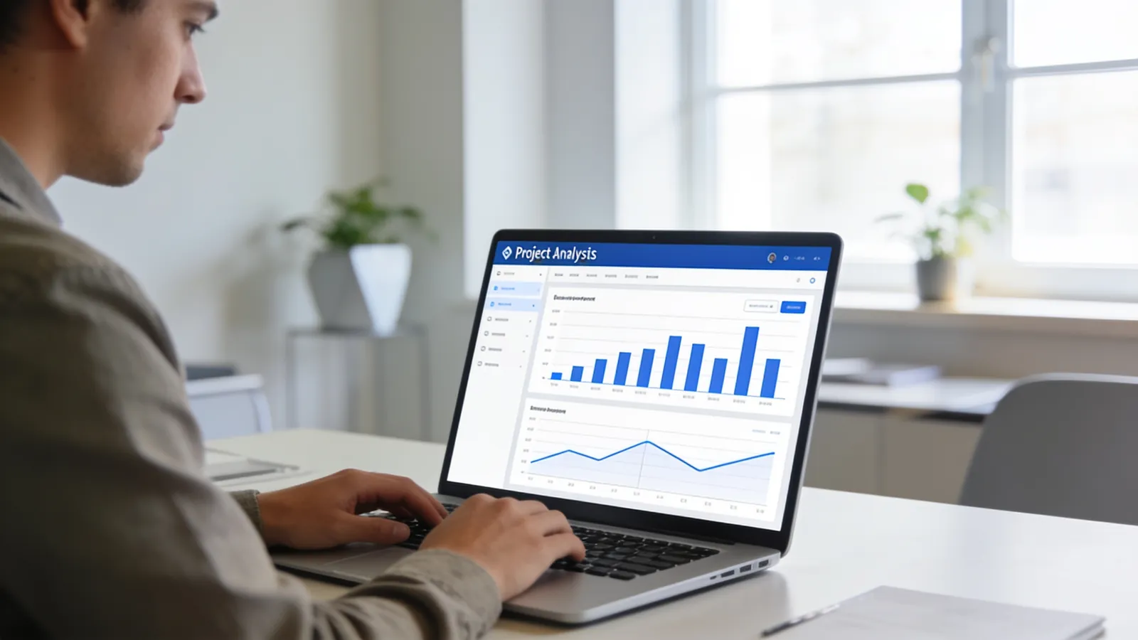A project analyst reviewing a clean project dashboard with simple charts on a laptop in a bright modern office
