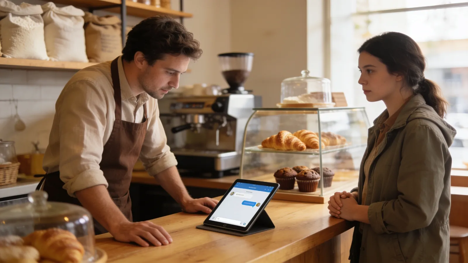 A small bakery owner at the counter looking at a tablet with a simple chat window while a customer waits patiently, warm light