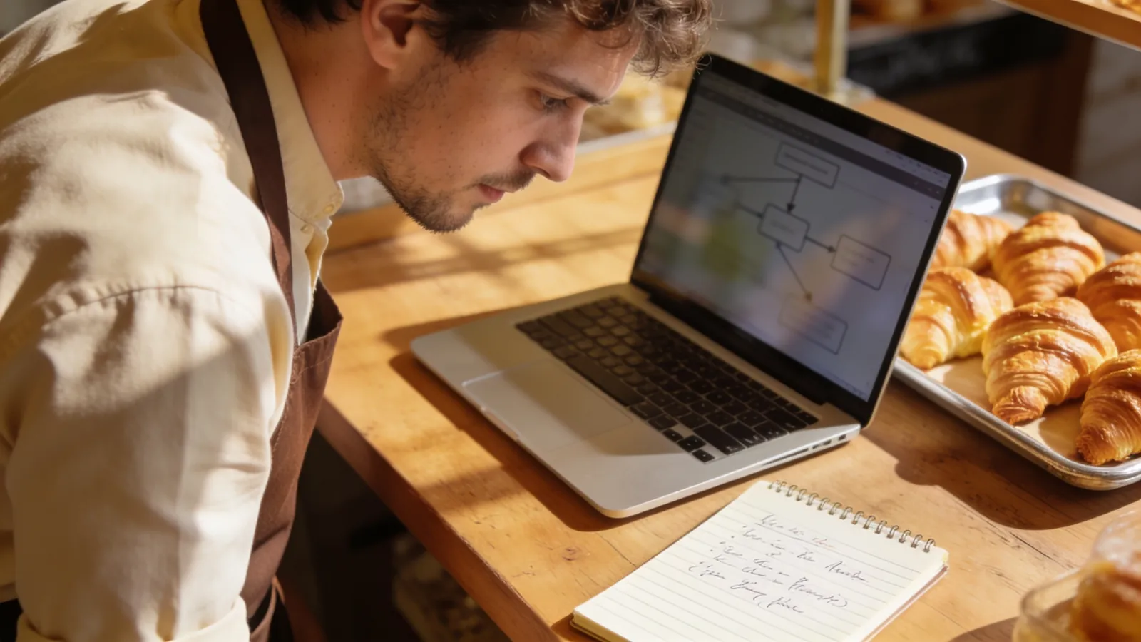 A small bakery owner at a counter looking at a laptop that shows a simple workflow diagram, with croissants and a notebook nearby in warm morning light