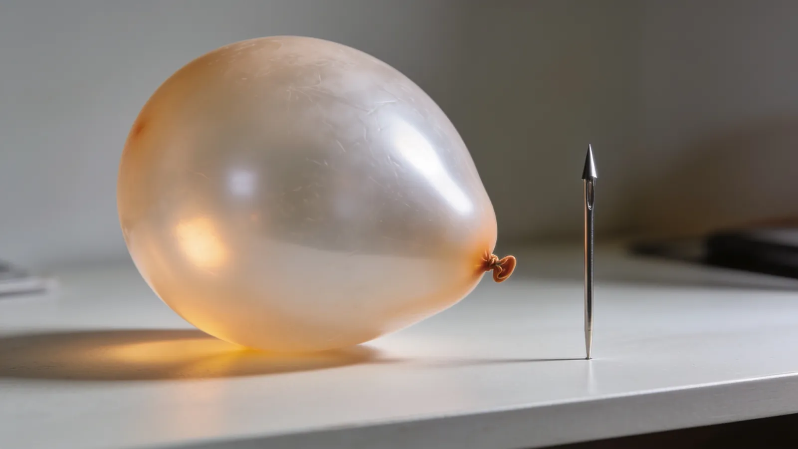 A balloon being inflated next to a sharp pin on a clean desk, a metaphor for expanding scope