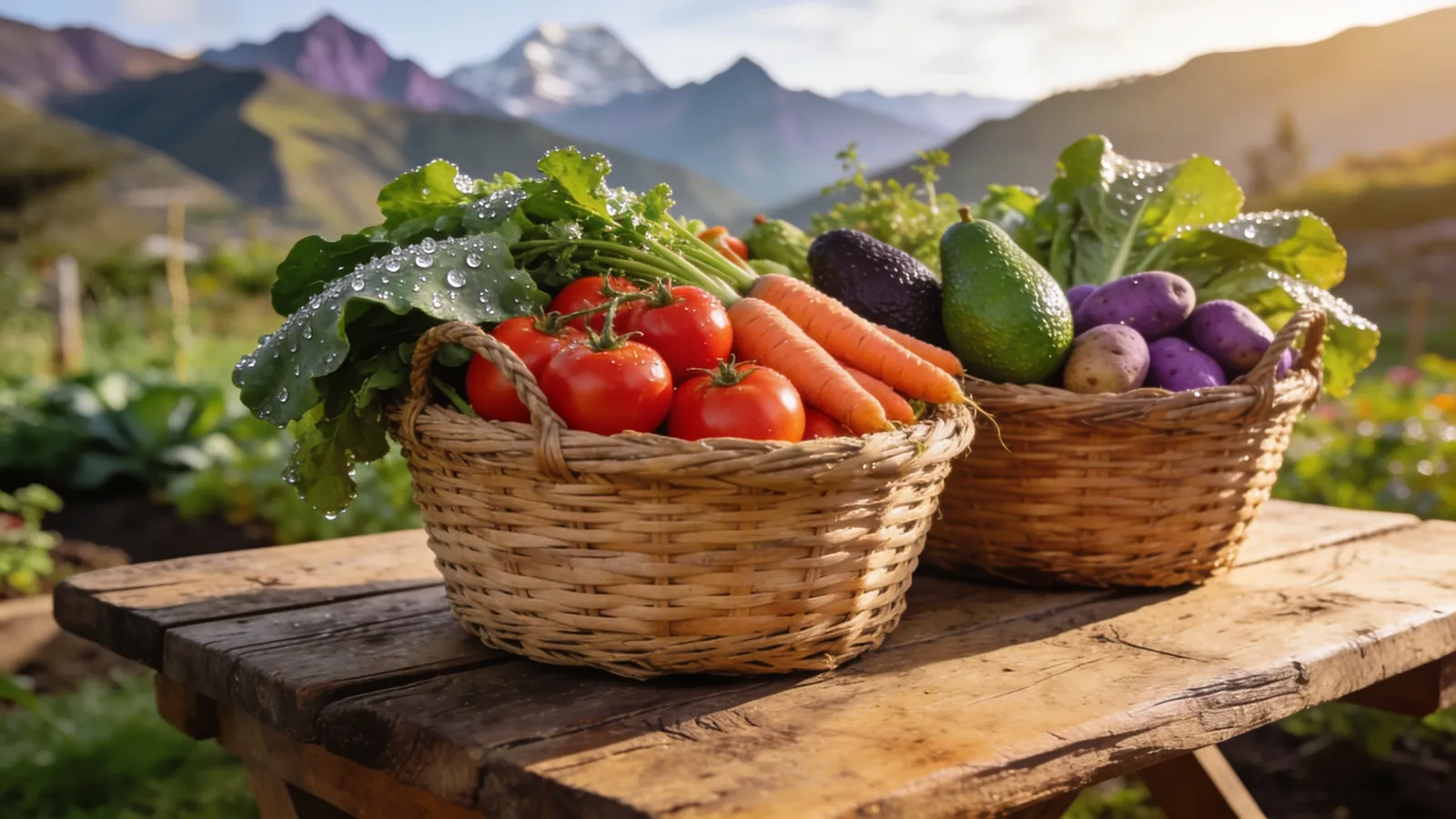 Baskets of freshly harvested vegetables on a wooden table in an Andean garden in morning light
