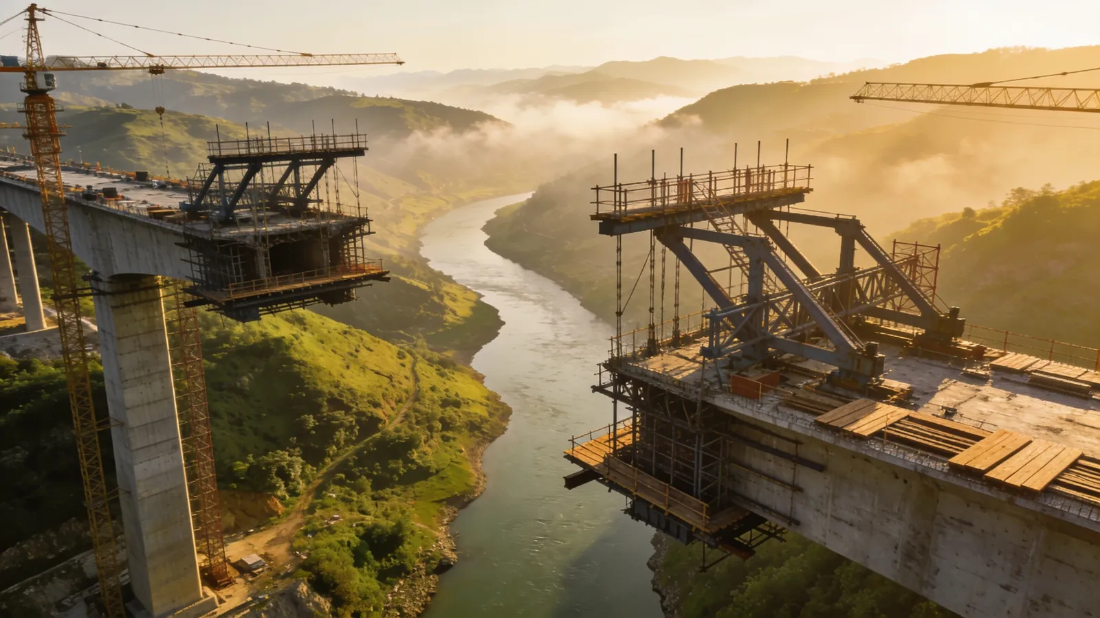 A bridge under construction reaching from both sides of a river valley toward the middle in soft morning light