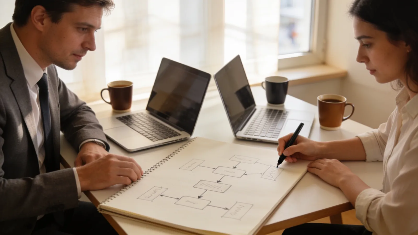 A business consultant and a small business owner at a table in a bright small office, sketching a simple process diagram on a large notepad, with laptops and coffee on the table