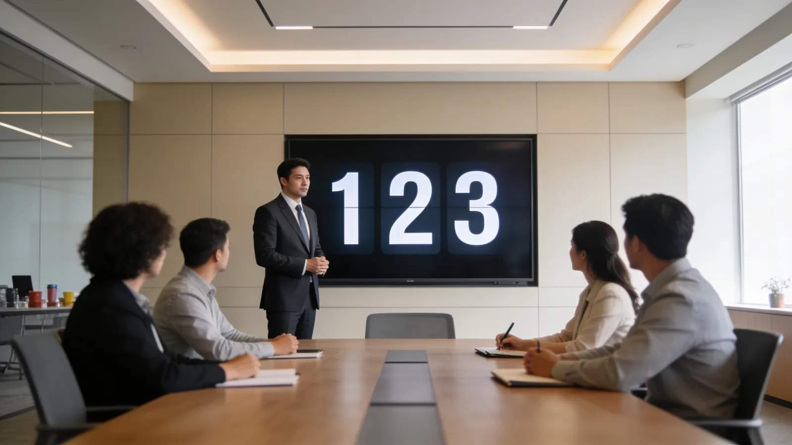 A business leader standing in a bright meeting room looking at a wall screen that shows three big simple numbers while colleagues sit at the table