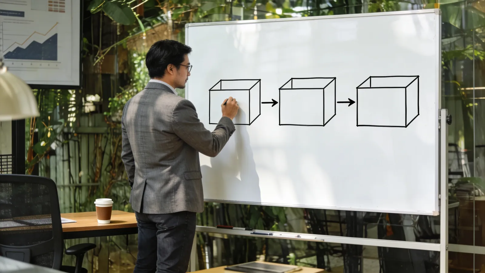 A business owner at a whiteboard in a small bright office, drawing three large empty boxes side by side connected by arrows