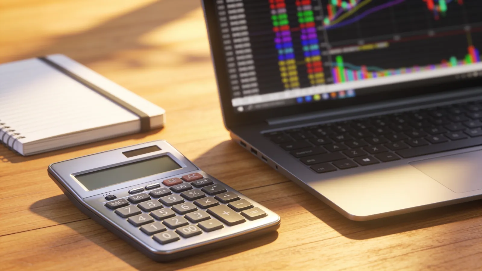 A calculator, a notebook and a laptop showing an abstract spreadsheet on a tidy desk