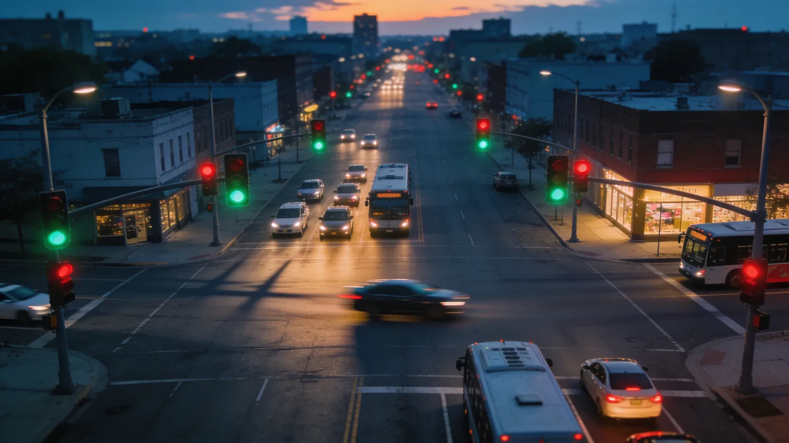 A calm city intersection with working traffic lights and smooth traffic seen from above in the evening