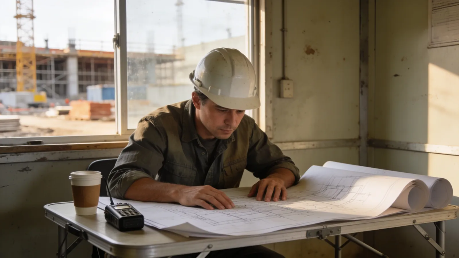 A civil engineer in a hard hat reading large drawings spread on a folding table inside a site office, with a coffee cup and a radio nearby