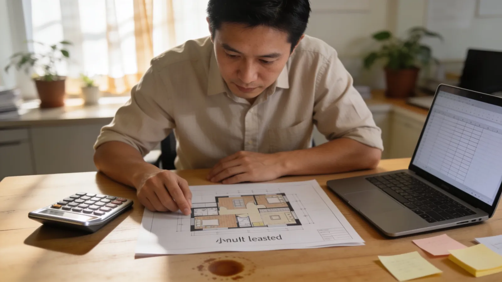 A clinic owner at a desk with the floor plan of a small leased suite, a calculator and a laptop showing a simple spreadsheet in soft morning light