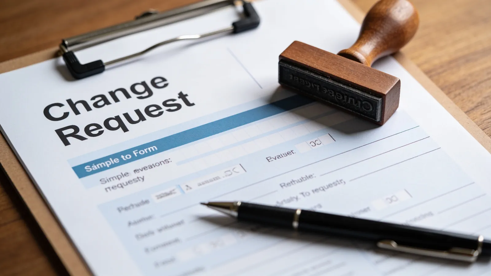 A clipboard with a simple change request form, a pen and a rubber stamp on a desk