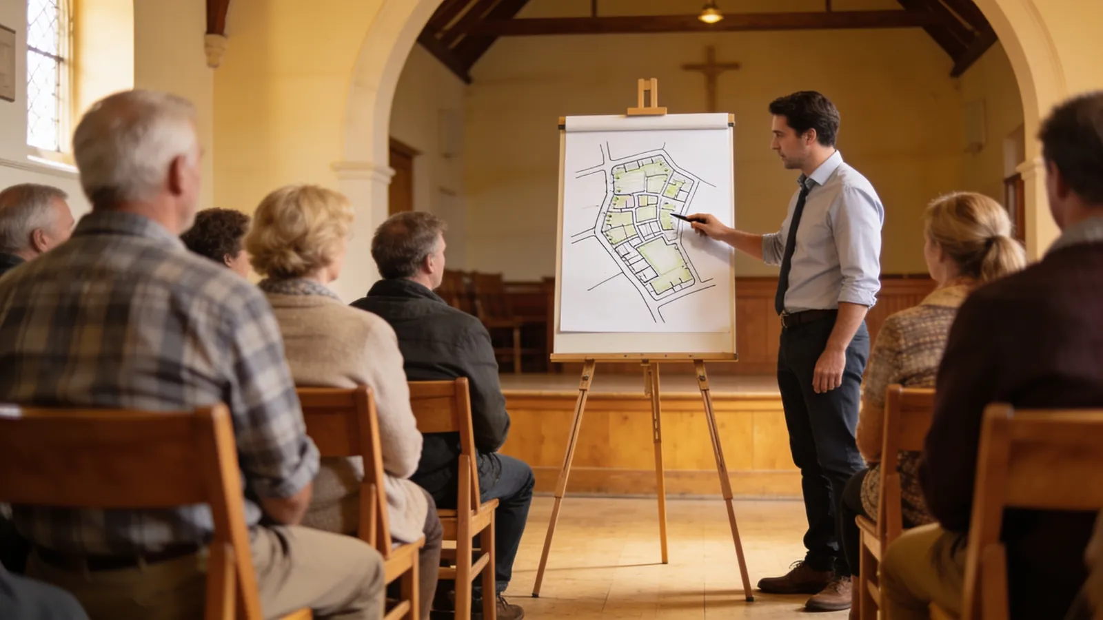 A community meeting in a small hall with residents seated and a project manager pointing at a simple site map on an easel