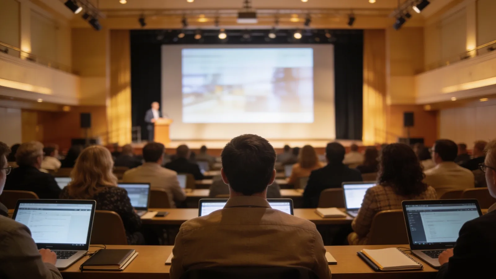 A large conference hall with an audience of professionals seated facing a stage and a big screen, with laptops and notebooks on their laps in warm stage lighting
