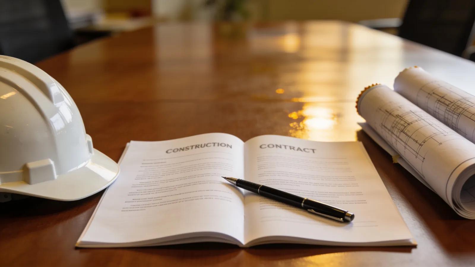 A construction contract with a pen, a white hard hat and rolled blueprints on a conference table in warm light
