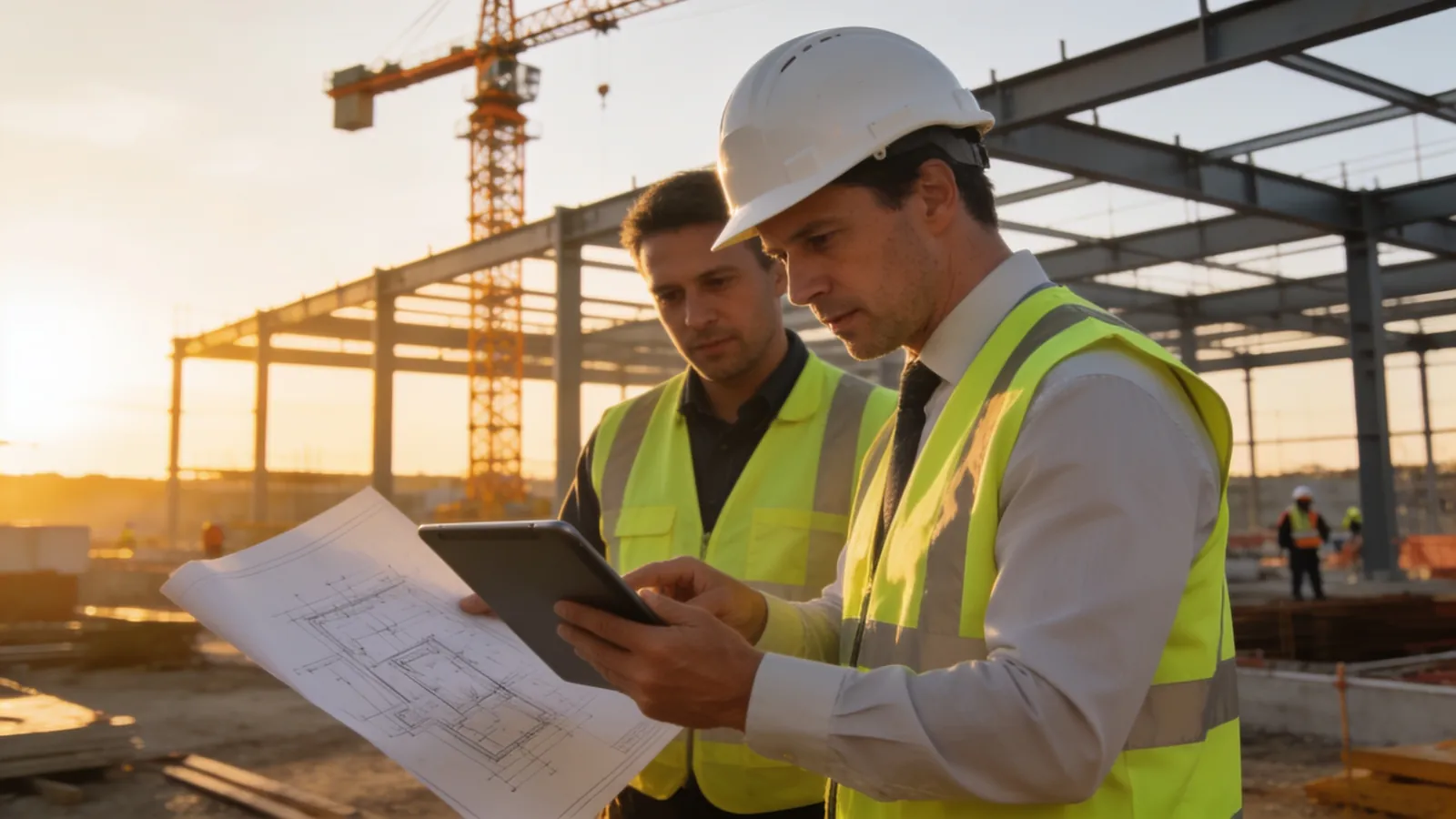 A project manager in a white hard hat and hi-vis vest and a site engineer reviewing drawings on a tablet at an active building site at sunrise, with a steel frame and a tower crane behind them