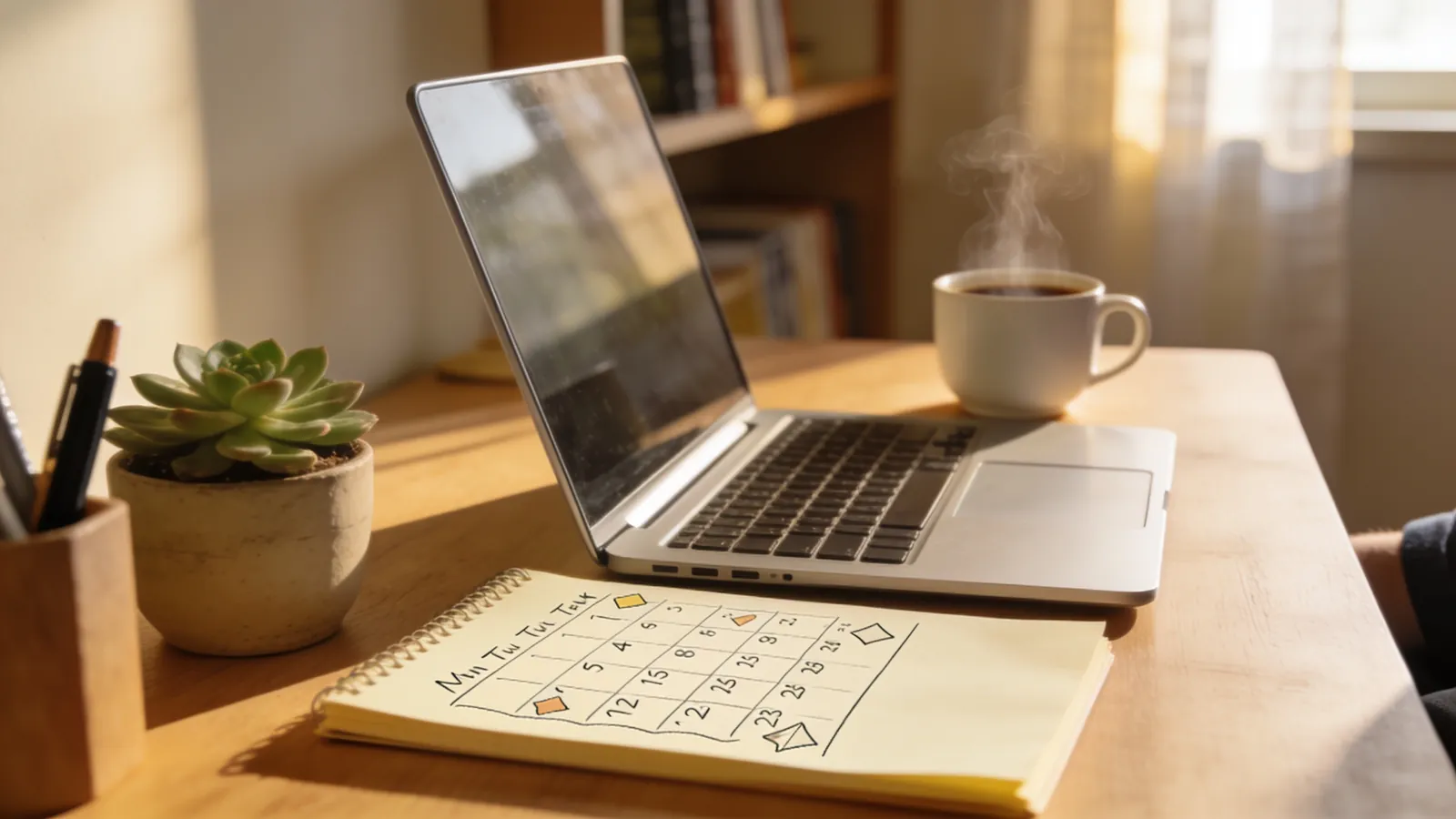 A freelance consultant at a tidy home office desk with a laptop, a paper notebook with a hand-drawn calendar and a cup of coffee in soft morning light