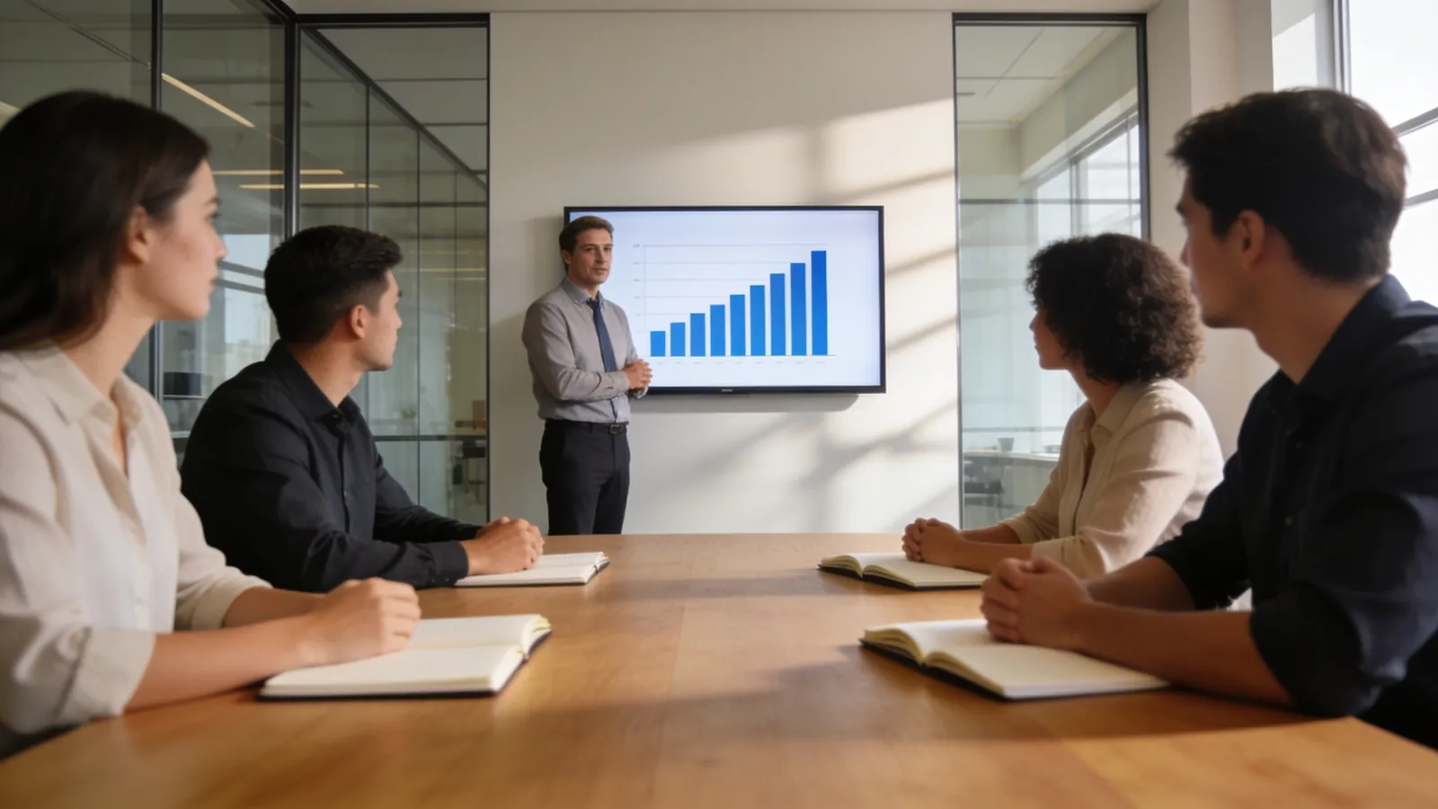 A consultant presenting a simple bar chart on a wall screen to a small team of four in a modern meeting room, with attentive faces and notebooks on the table