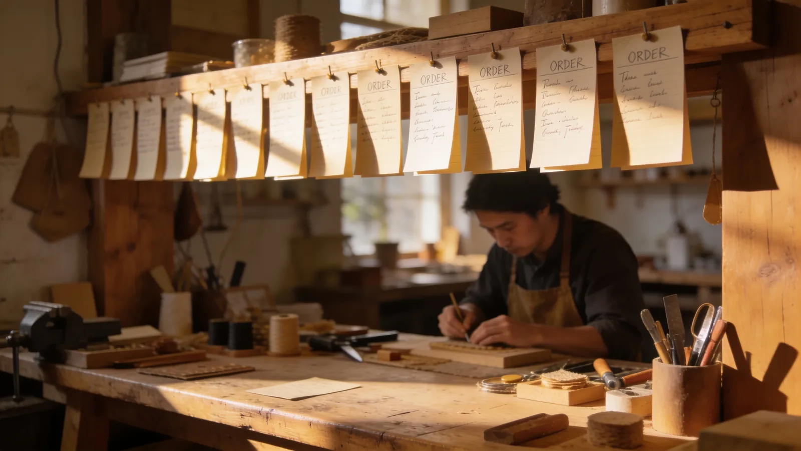 A small craft workshop with handwritten order cards pinned in rows on a wooden board above a workbench, a maker working in the background
