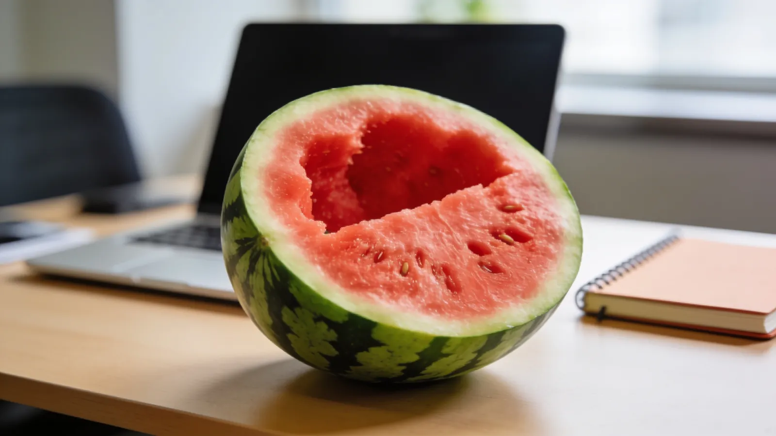 A watermelon sliced open on an office desk, red inside and dark green outside, with a laptop and a notebook blurred behind it