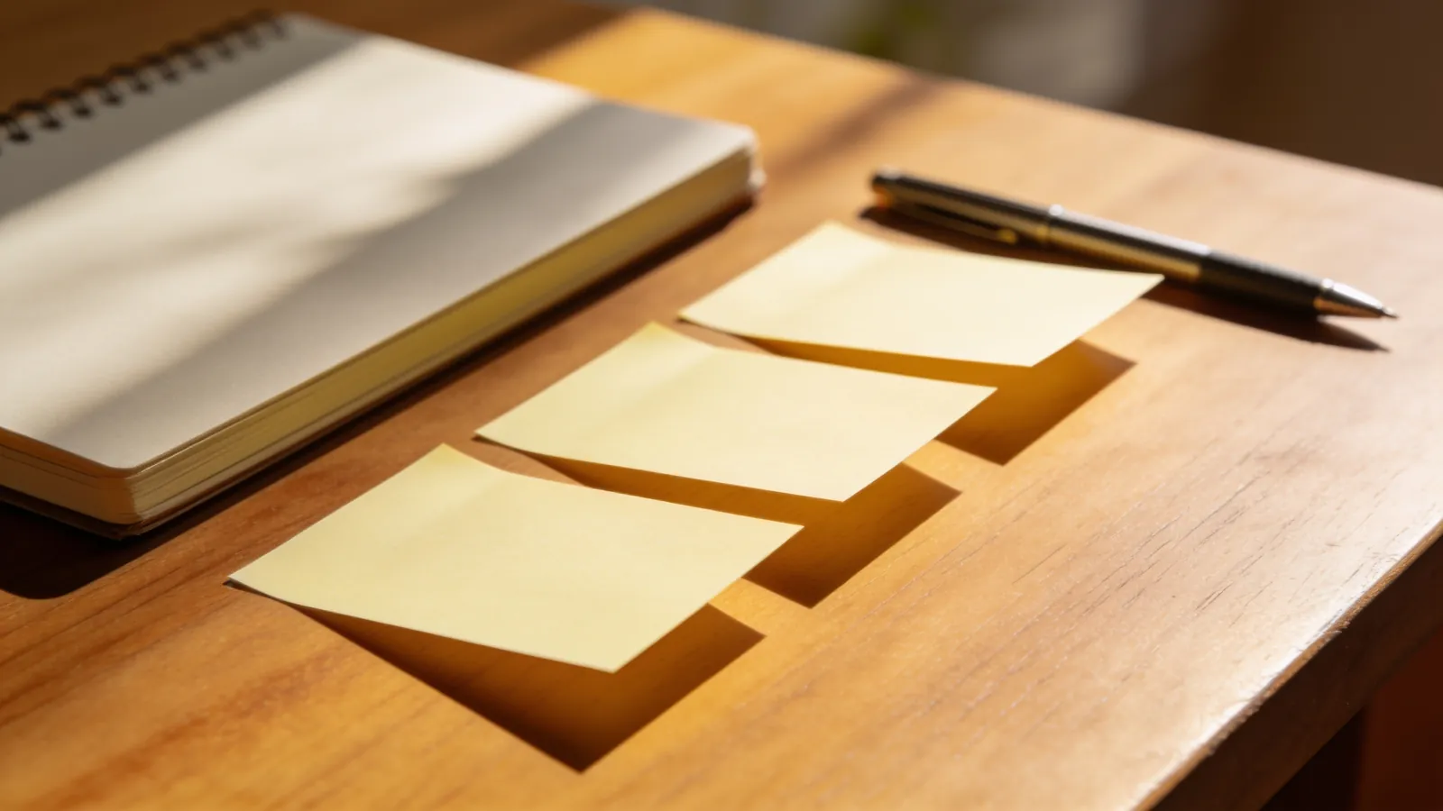 Overhead view of a desk with a notebook, a pen and three sticky notes arranged in a row as if ranked