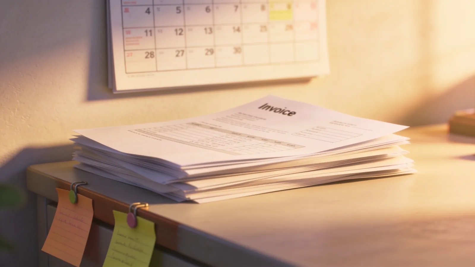 A tidy desk with a stack of paper invoices, a wall calendar and sticky reminders, representing routine repetitive office tasks
