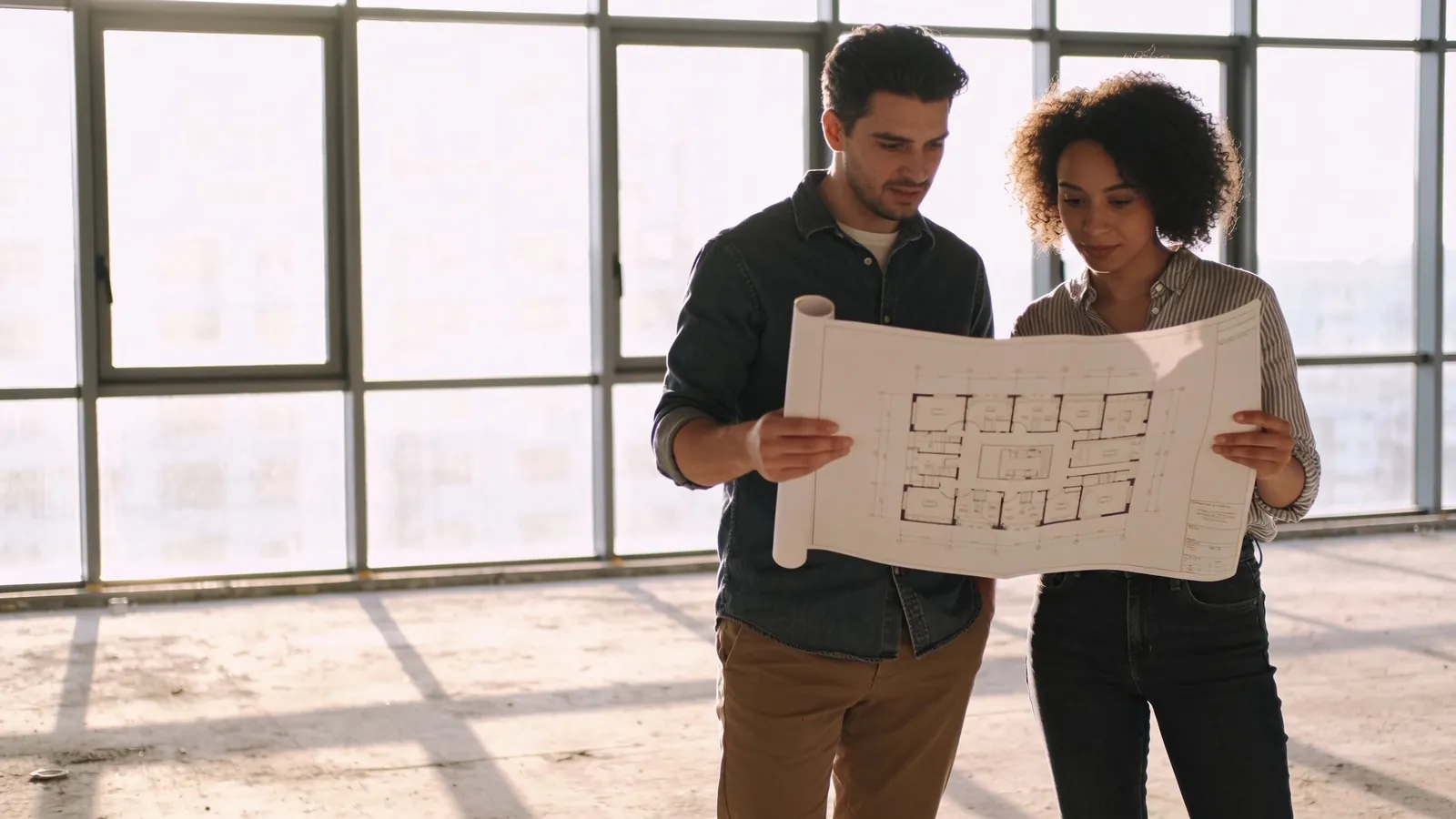 Two people standing in an empty shell commercial suite with large windows and a bare concrete floor, looking at a floor plan together