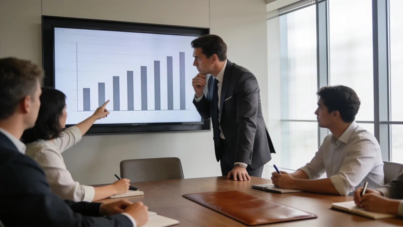 A business executive in a meeting room studying a wall screen of simple bar charts with a skeptical, thoughtful expression while colleagues sit around the table