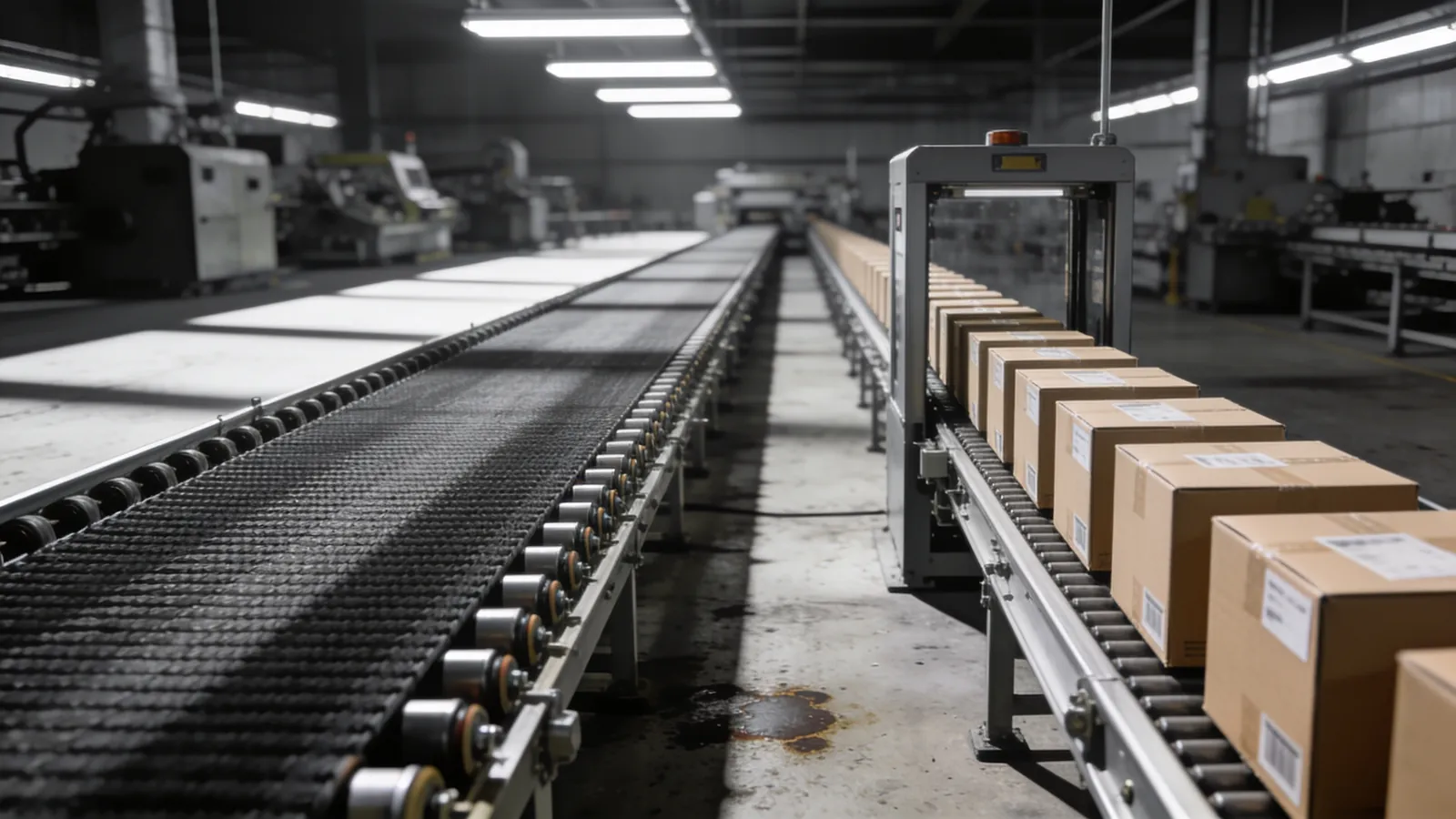 A factory conveyor belt with boxes queuing at one narrow station while the rest of the line runs empty