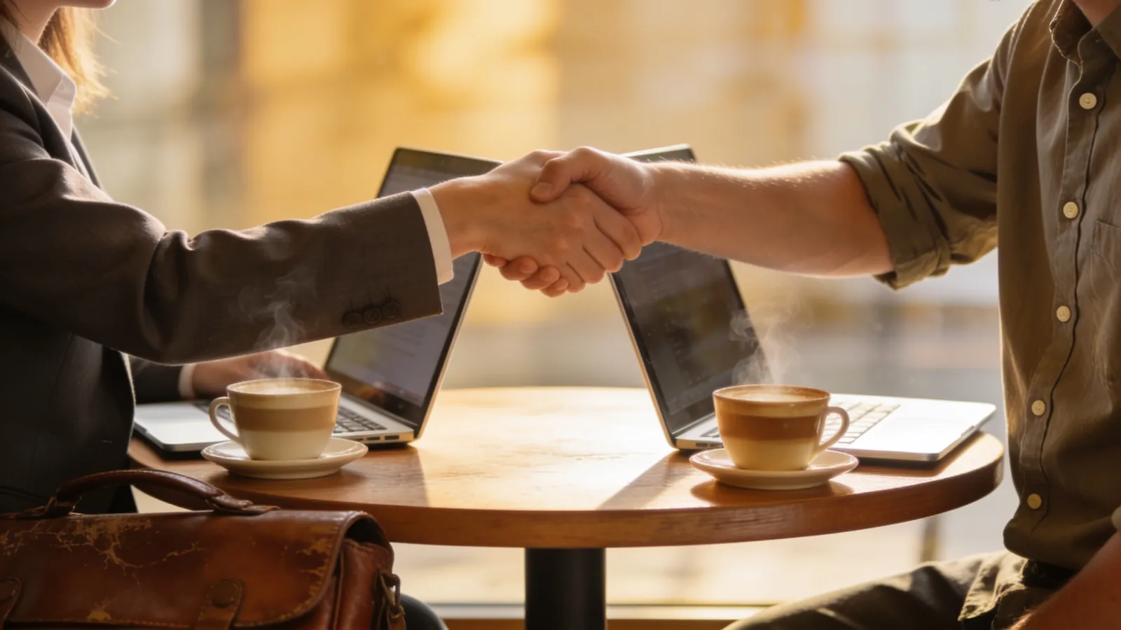 Two people shaking hands across a small cafe table with laptops and coffee cups, a consultant meeting a small business owner for the first time