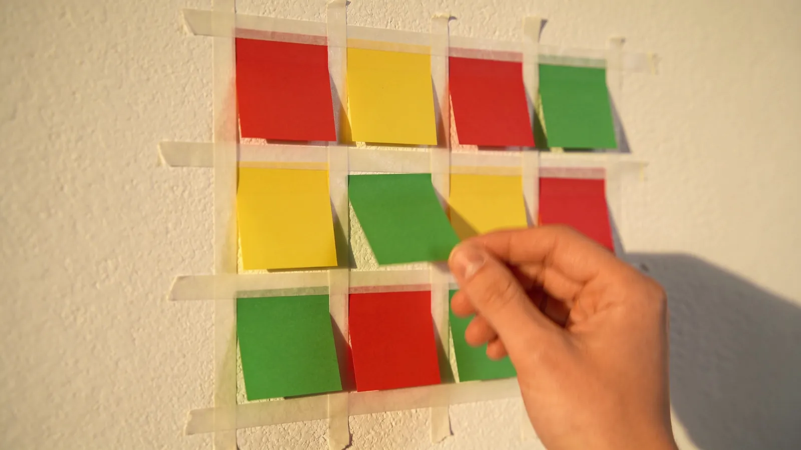 A five by five grid taped on a wall with red, yellow and green sticky notes while a hand places one more note