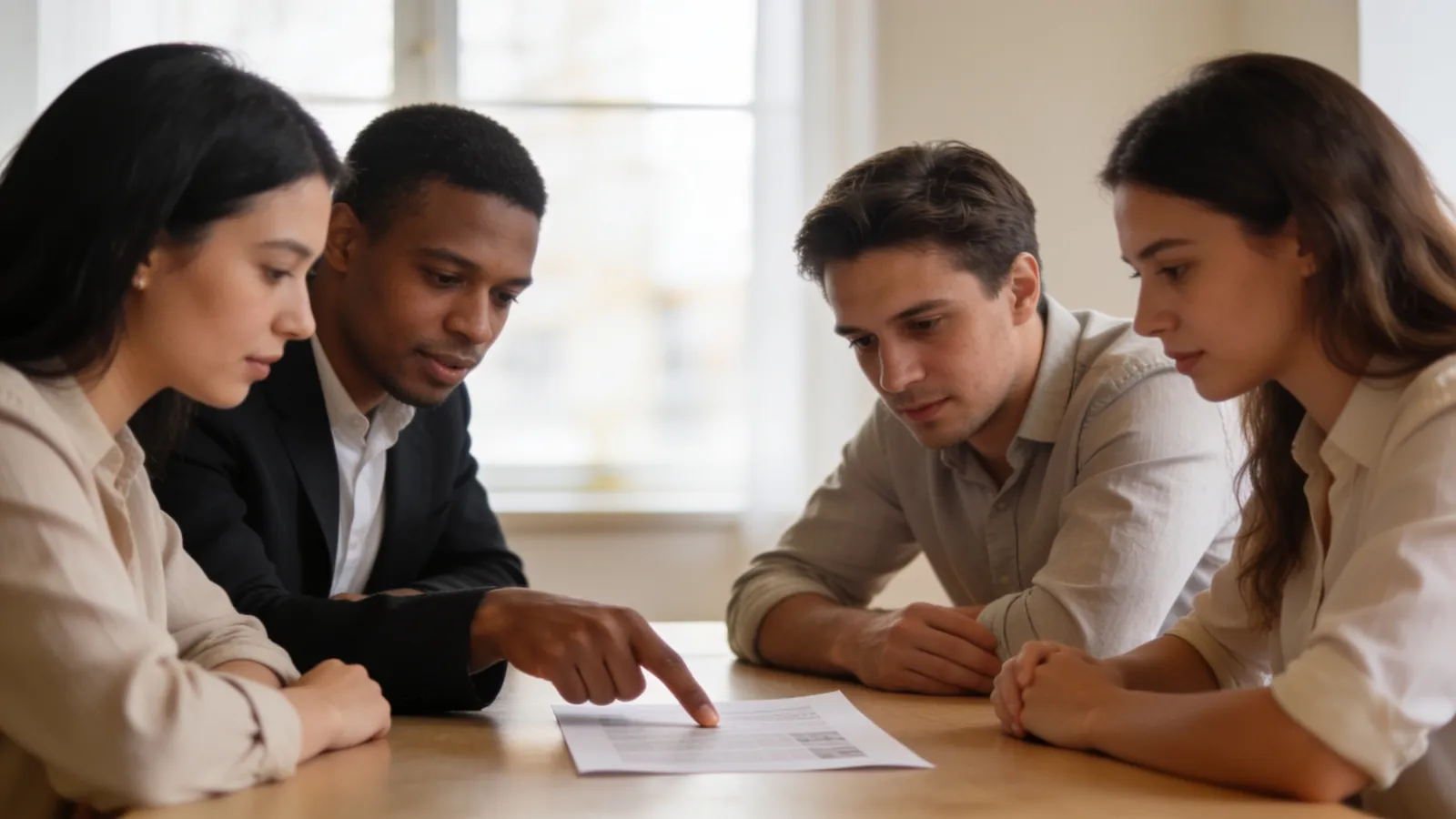 Four colleagues around a meeting table with a single printed page in the center while one of them points at it