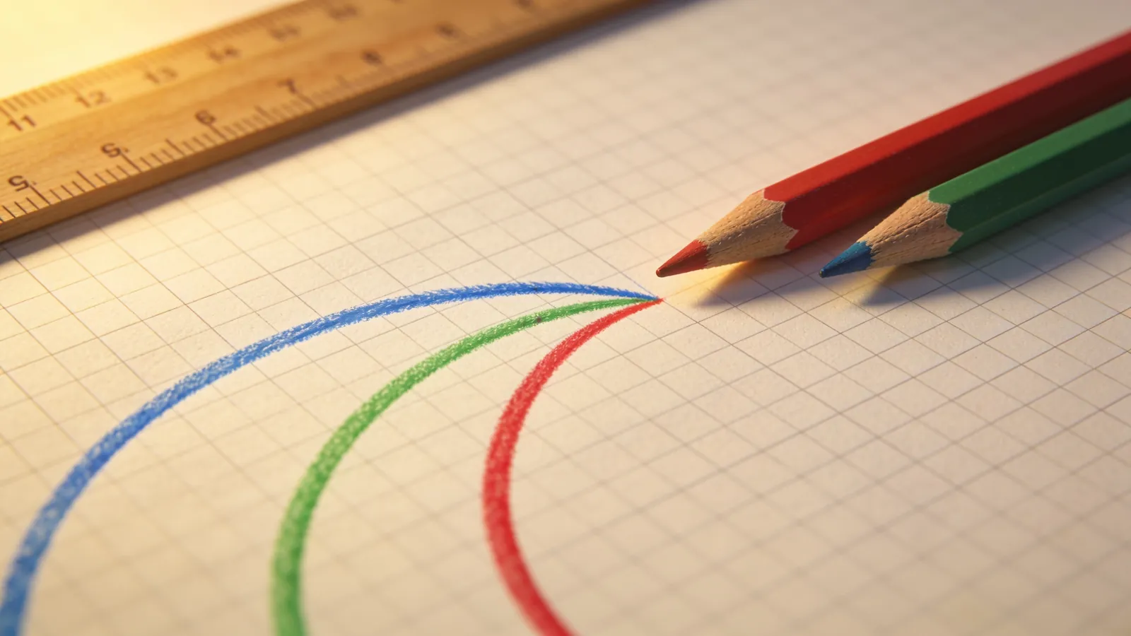 Graph paper with three smooth hand-drawn curves in different colors that slowly diverge, with colored pencils and a ruler