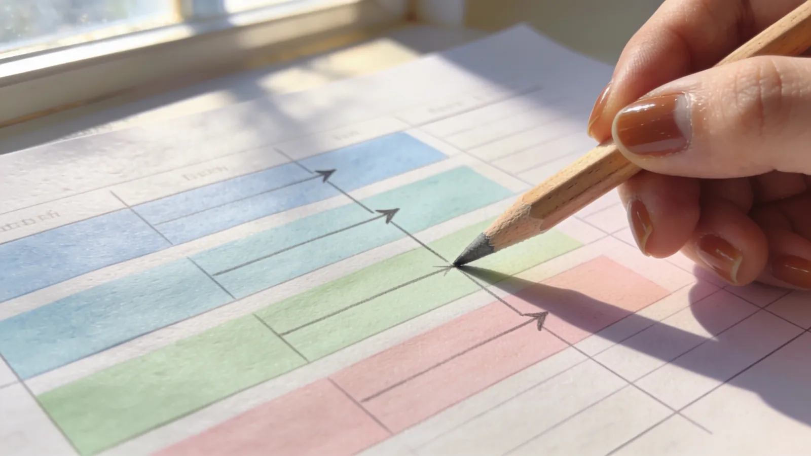 Close-up of a hand drawing arrows between colored horizontal bars on a paper schedule with a pencil