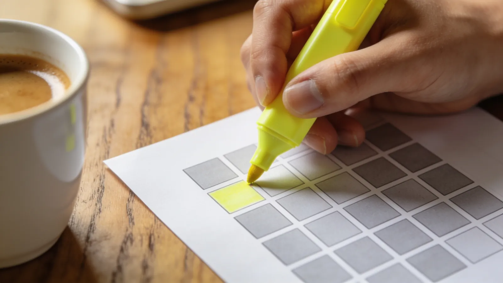 Close-up of a hand using a yellow highlighter on a printed one-page document divided into short blocks, on a wooden desk with a coffee cup
