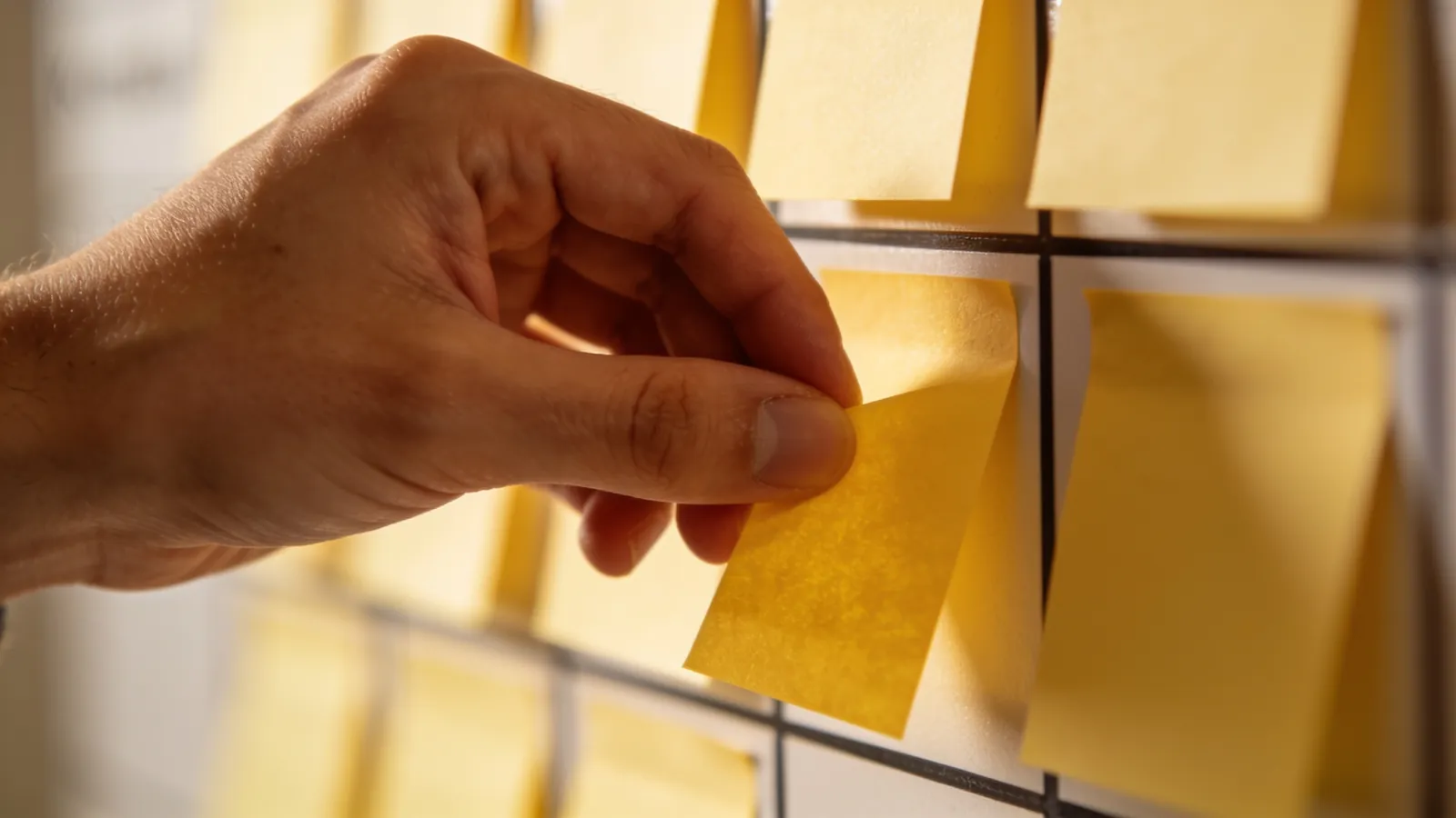 Close-up of a hand moving a yellow sticky note from the middle column to the last column of a kanban board, shallow depth of field