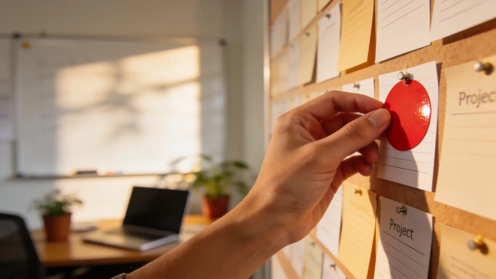 A hand placing a red circular sticker on a card pinned to a board of project cards in an office