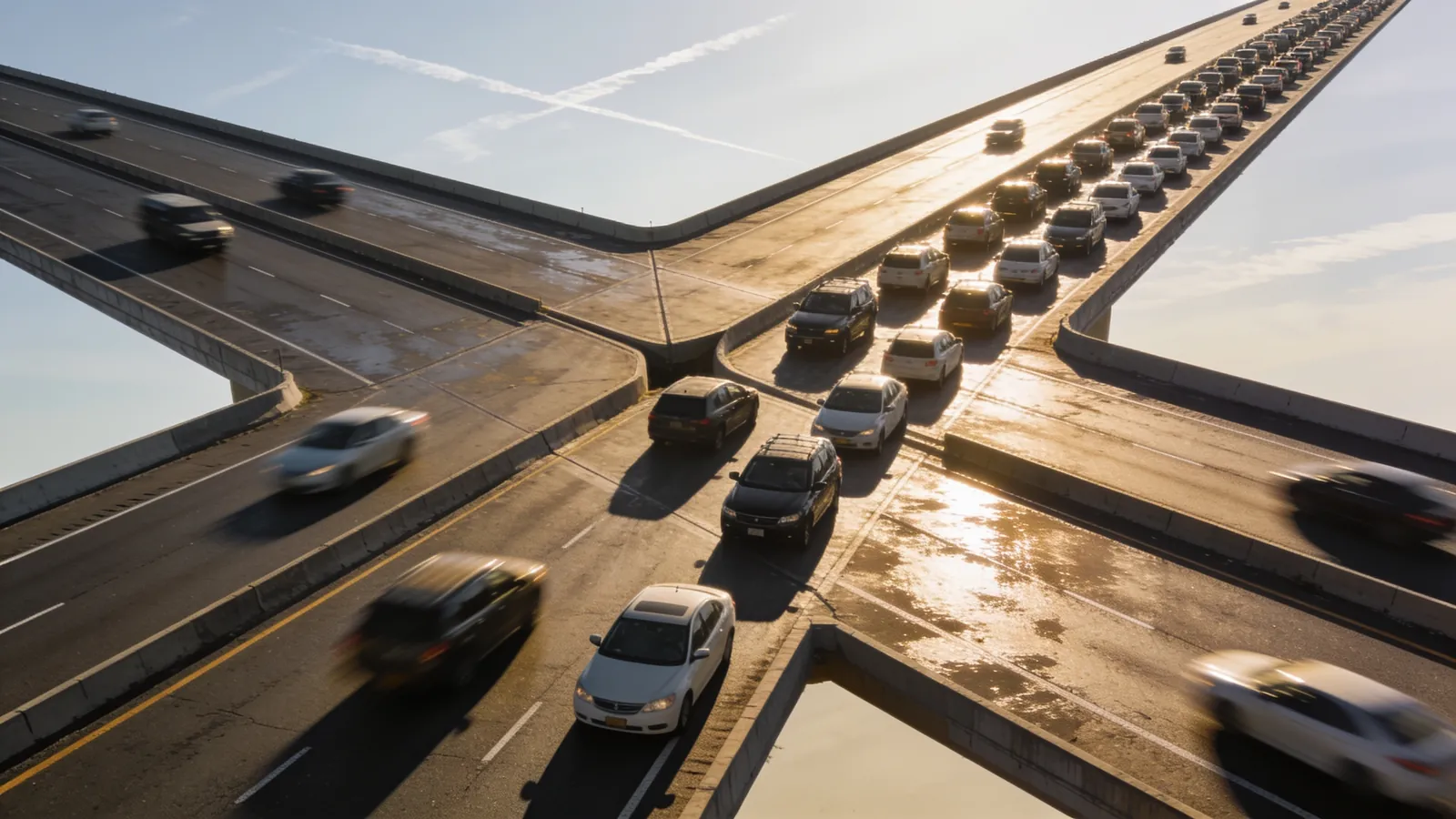 A highway where four lanes merge into two with slow traffic building at the merge point seen from above