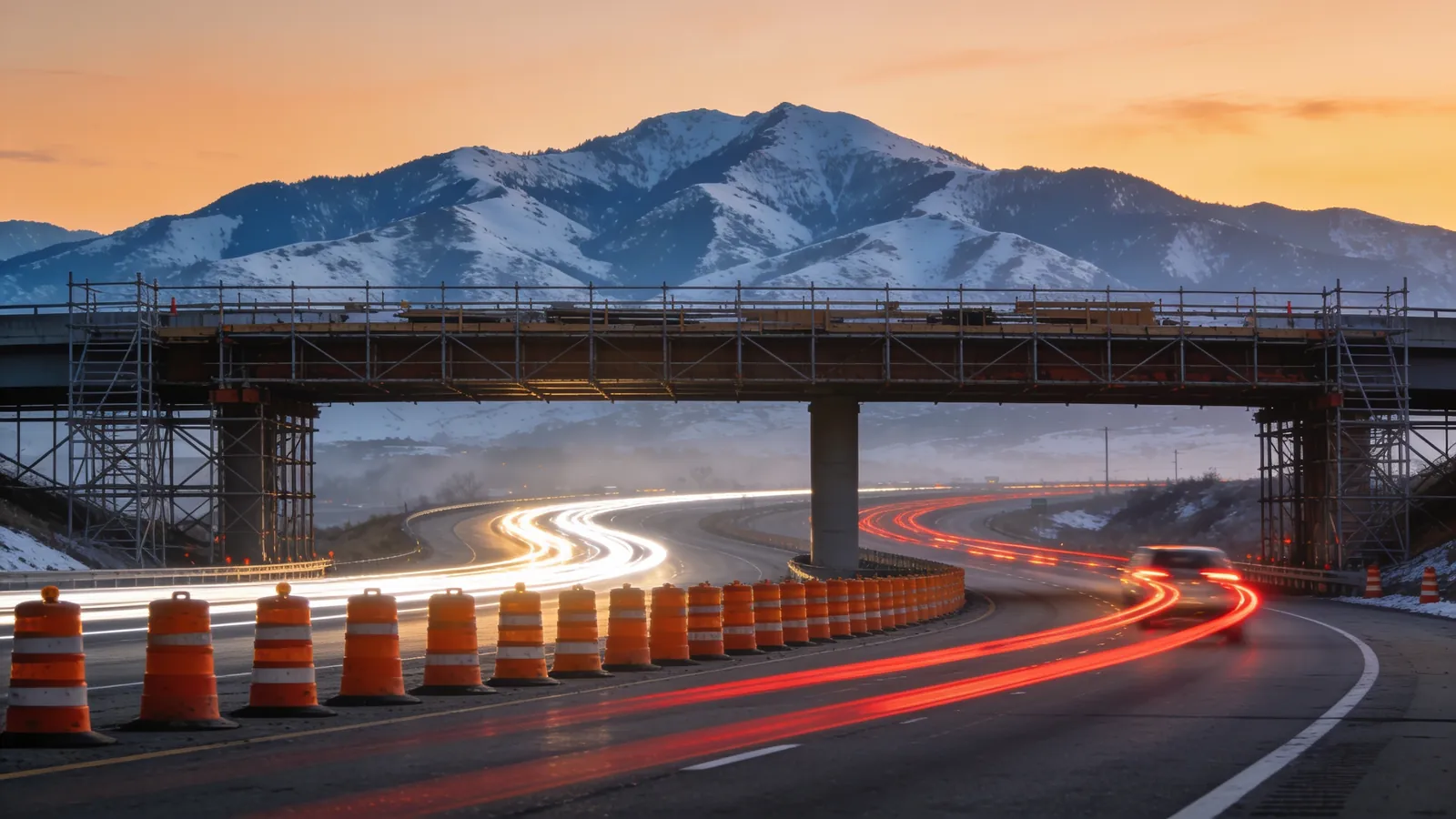 A highway interchange at dusk with rows of orange traffic barrels, a bridge under repair with scaffolding, light trails from cars and snow-dusted mountains in the background