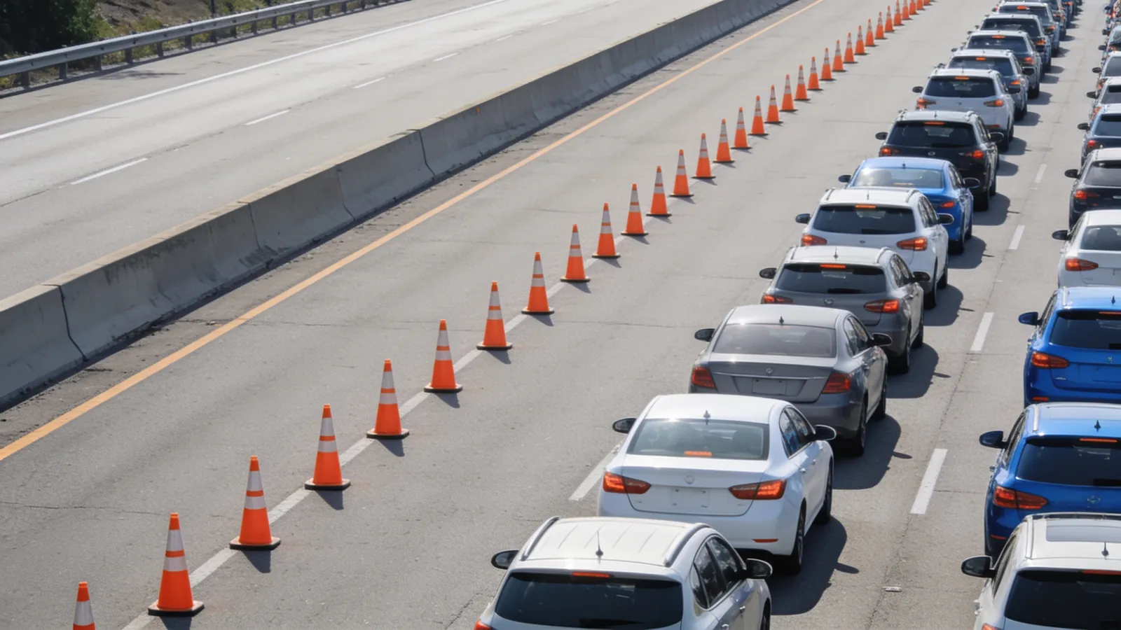 Aerial view of roadwork on a highway with one lane closed by orange traffic cones and a long queue of cars waiting behind it