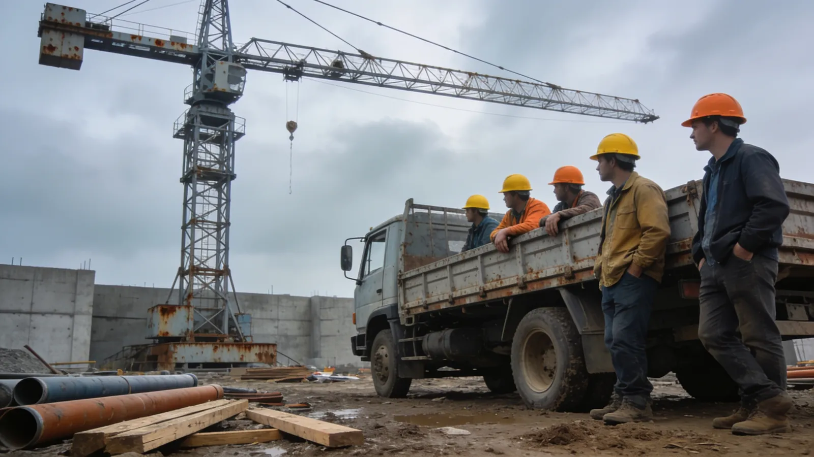 A construction site on a cloudy morning with a tower crane standing still and workers in hard hats waiting beside a flatbed truck