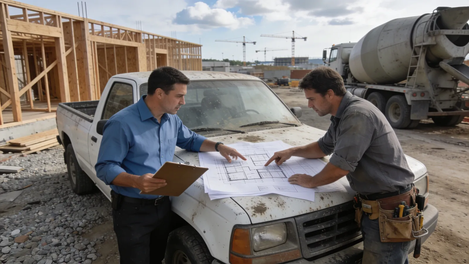A building inspector with a clipboard and a contractor looking at drawings spread on the hood of a pickup truck