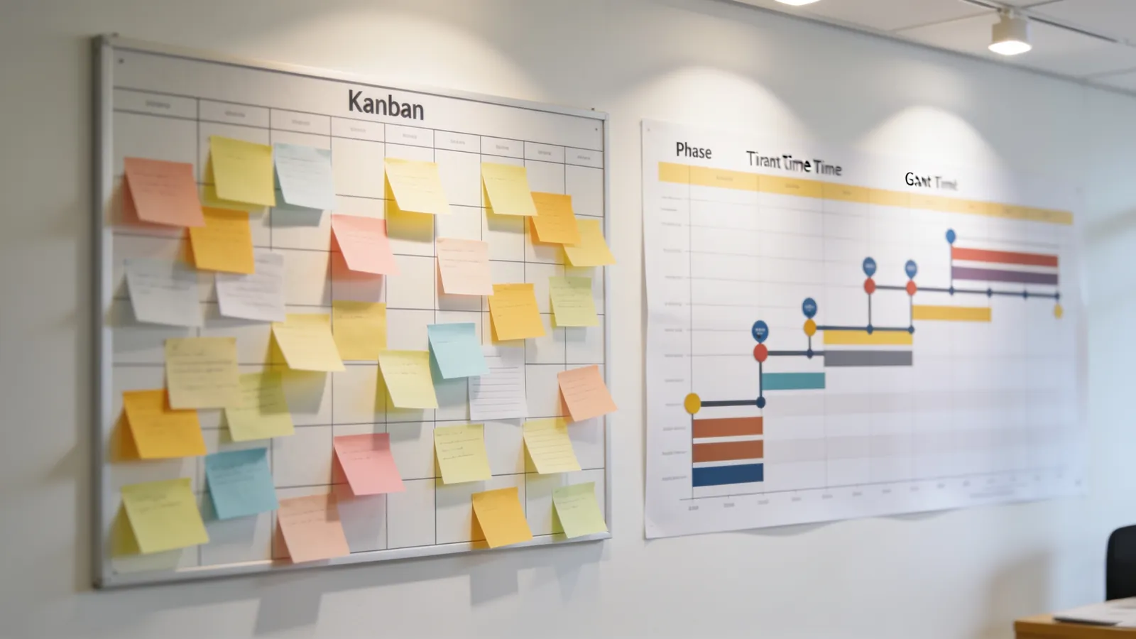 A wall with a kanban board of sticky notes on one side and a printed Gantt-style timeline on the other in a bright office