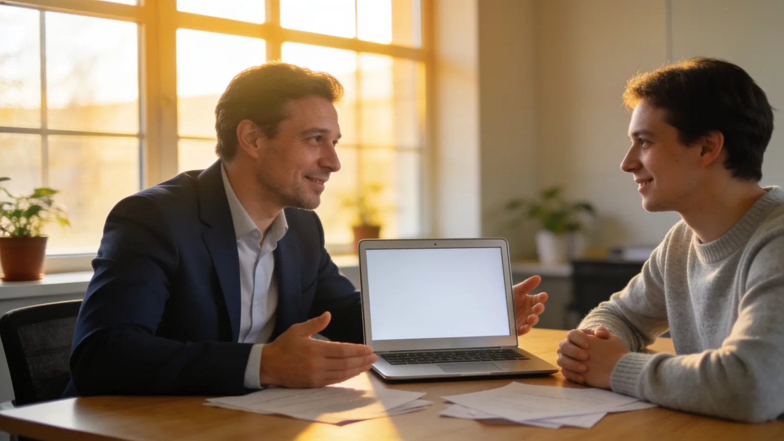 A manager and an employee talking calmly at a desk with a laptop between them in sunlight
