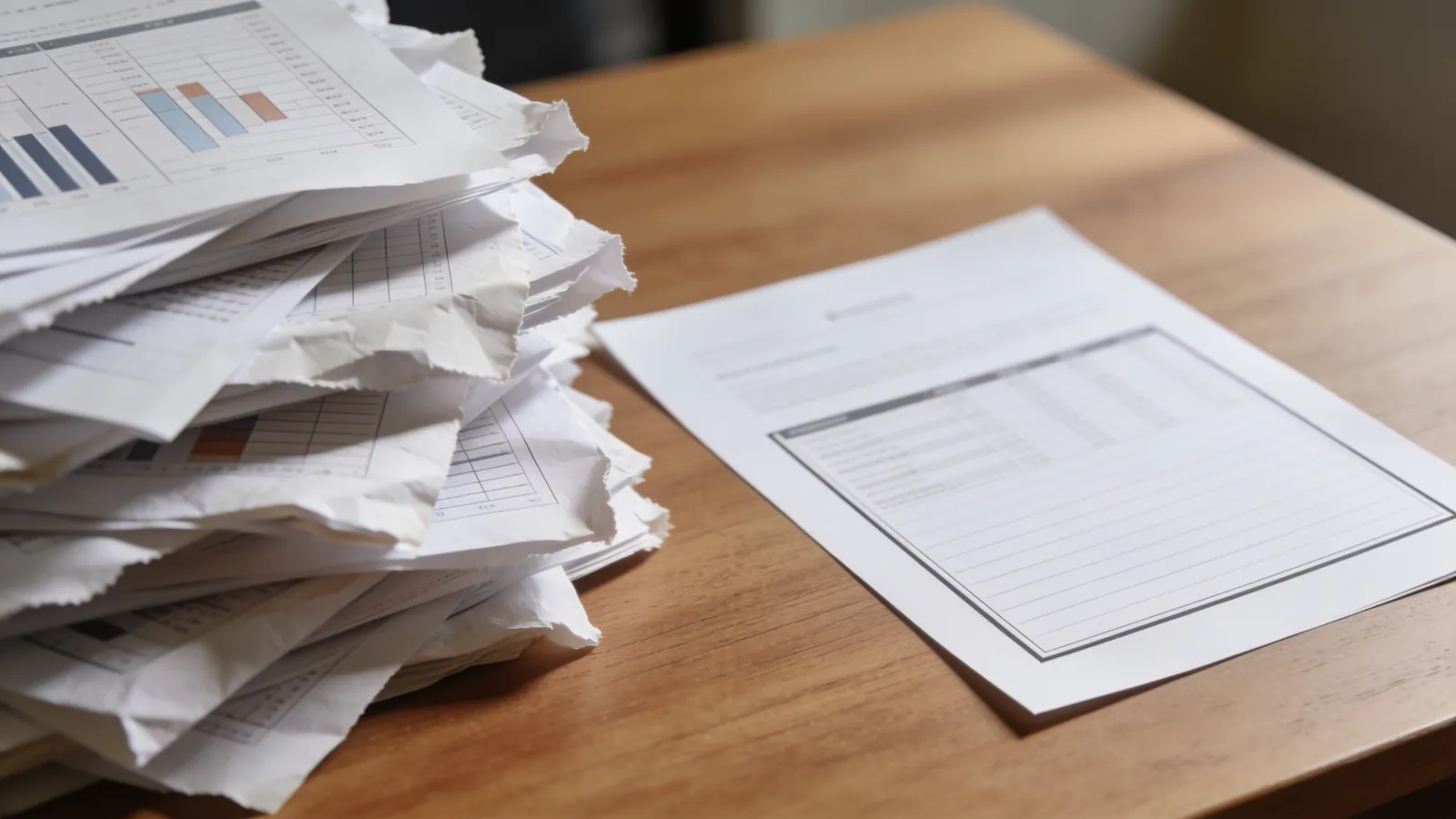 A messy pile of printed charts on one side of a desk and a single clean one-page summary on the other
