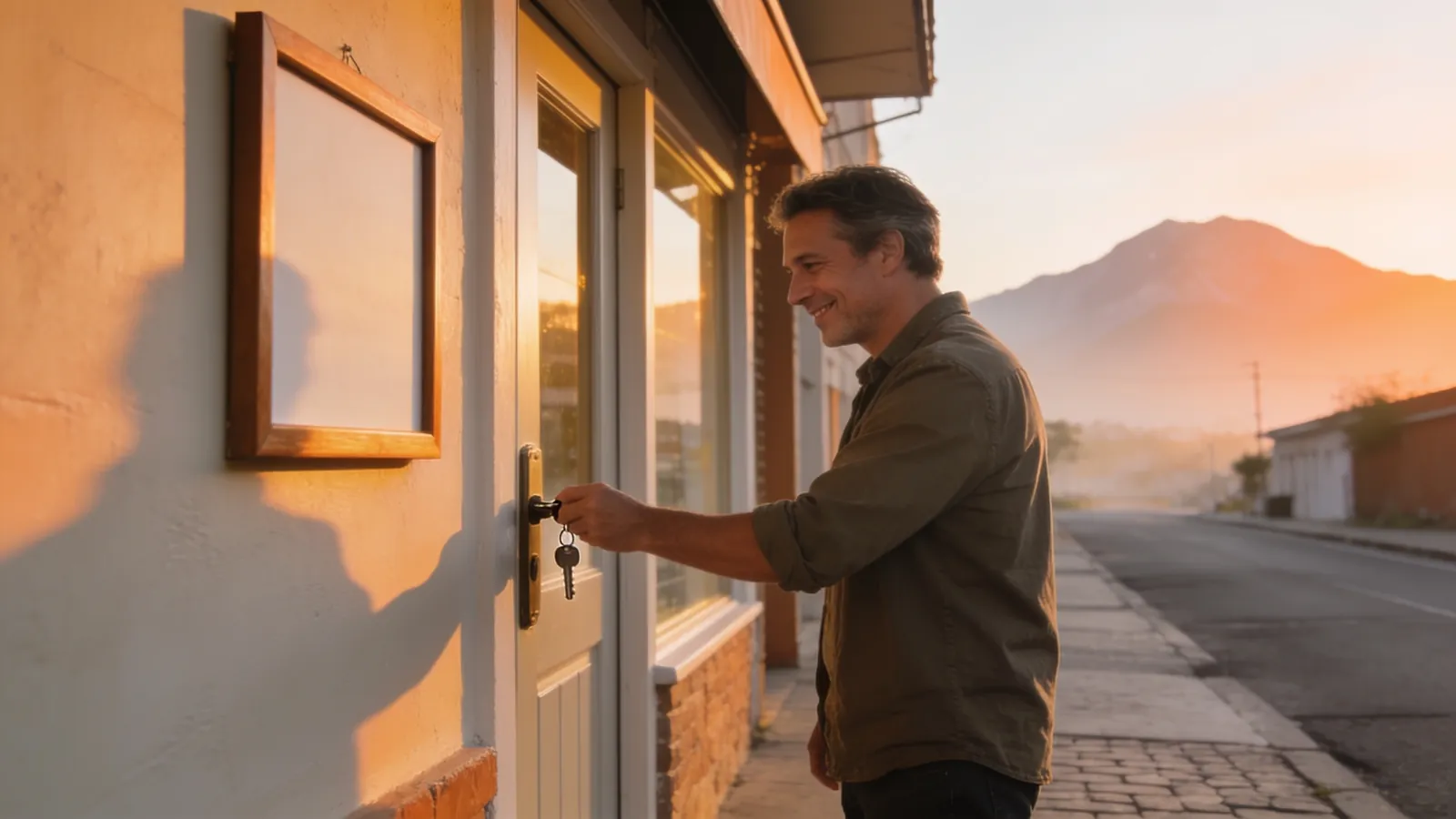 A small business owner unlocking the front door of a new shop on the first morning, with a mountain range at the end of the street