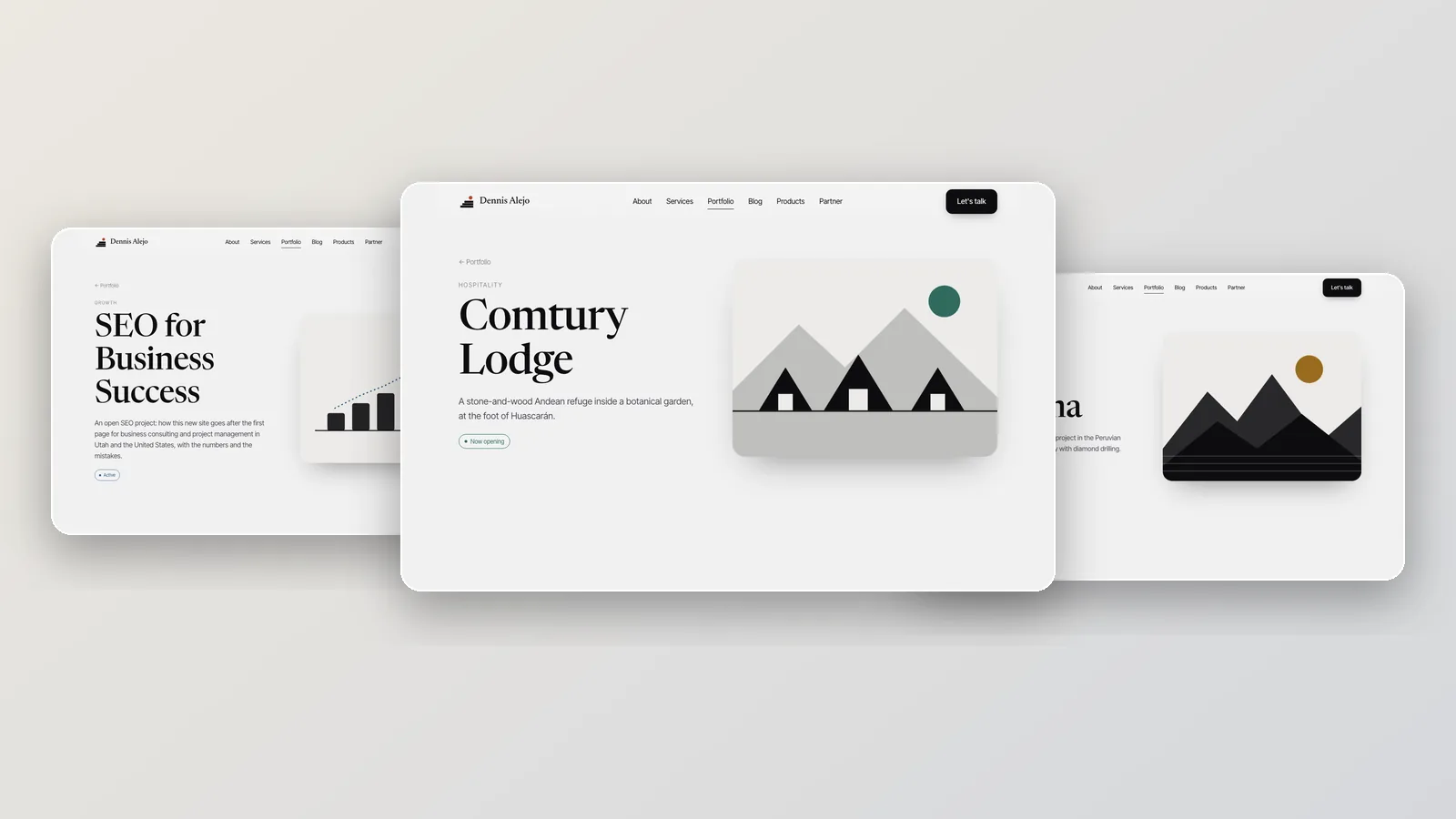 Three project pages of dennis-alejo.com, Comtury Lodge, SEO for Business Success and Llama Purisima, side by side