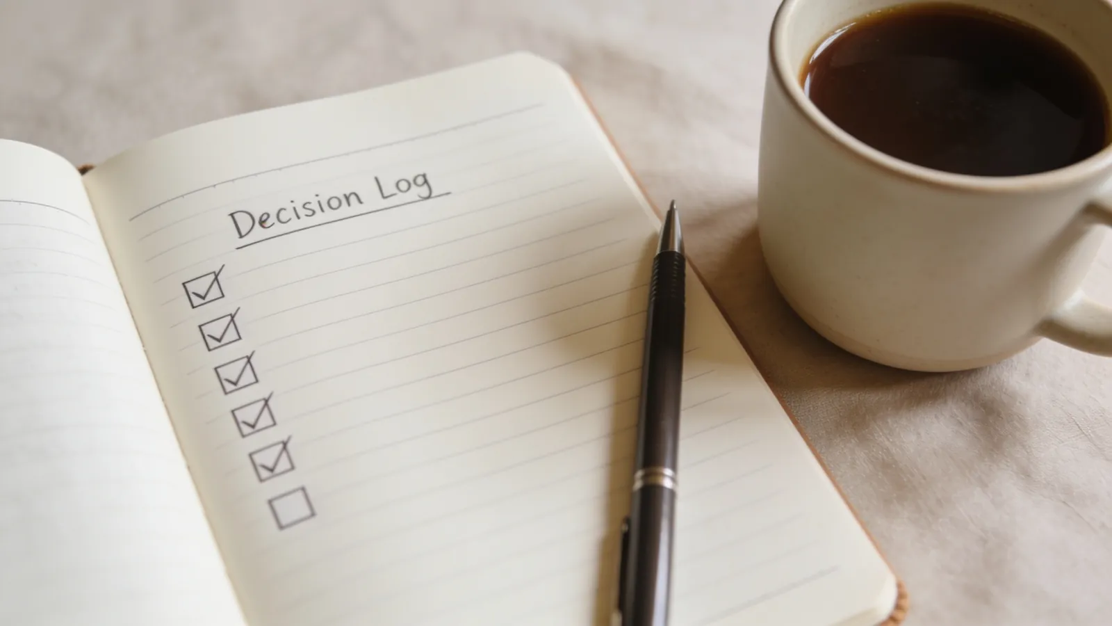 A notebook open to a simple decision log with checkboxes and a pen beside a coffee cup