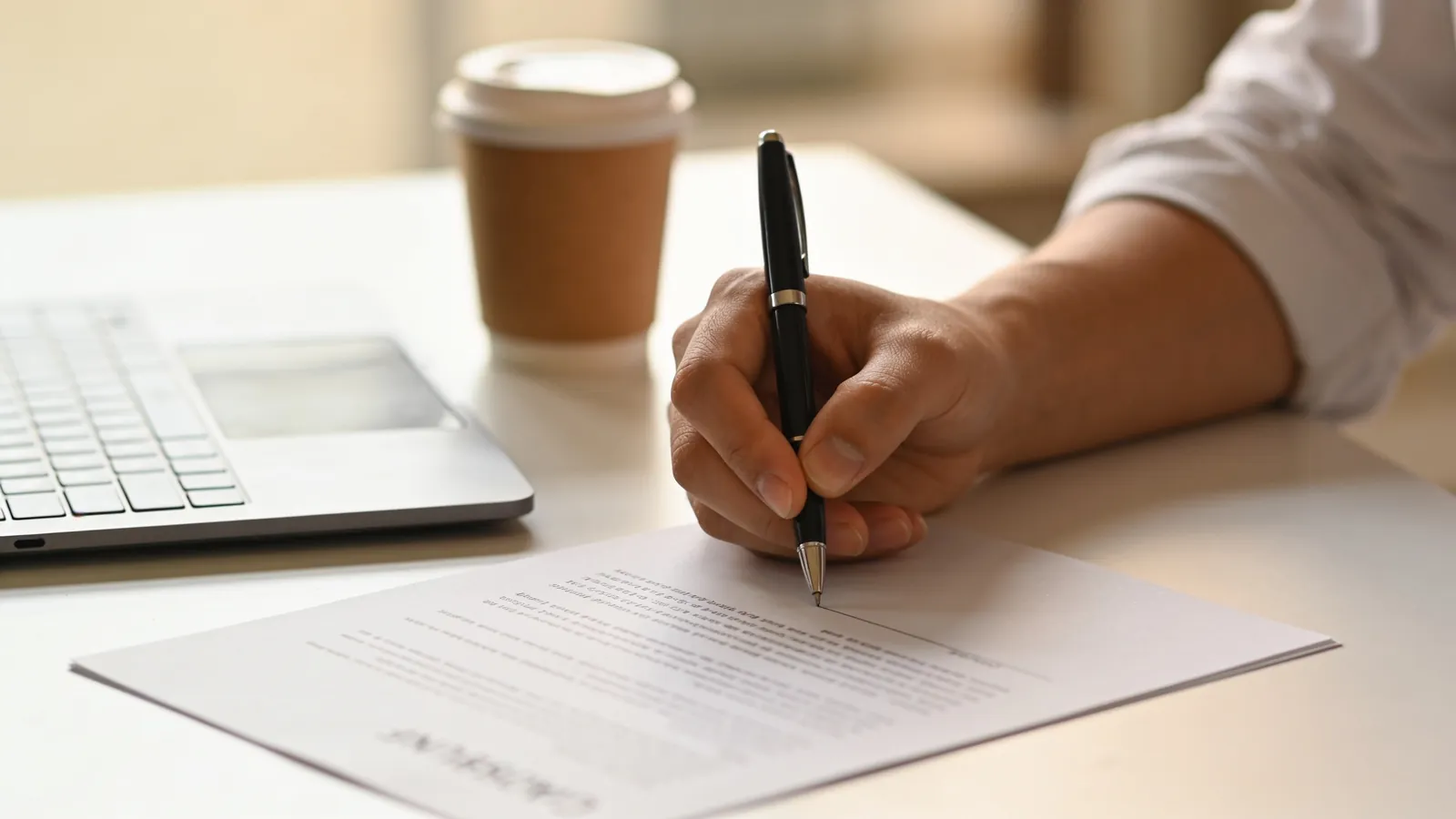A one-page document being signed with a pen by a sponsor at a clean desk, with a coffee cup and a laptop nearby and a shallow depth of field