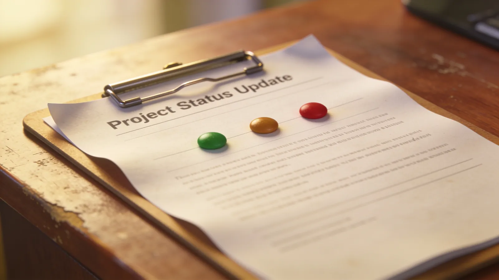 A one-page project status update with three colored dots, green, amber and red, on a clipboard resting on a desk